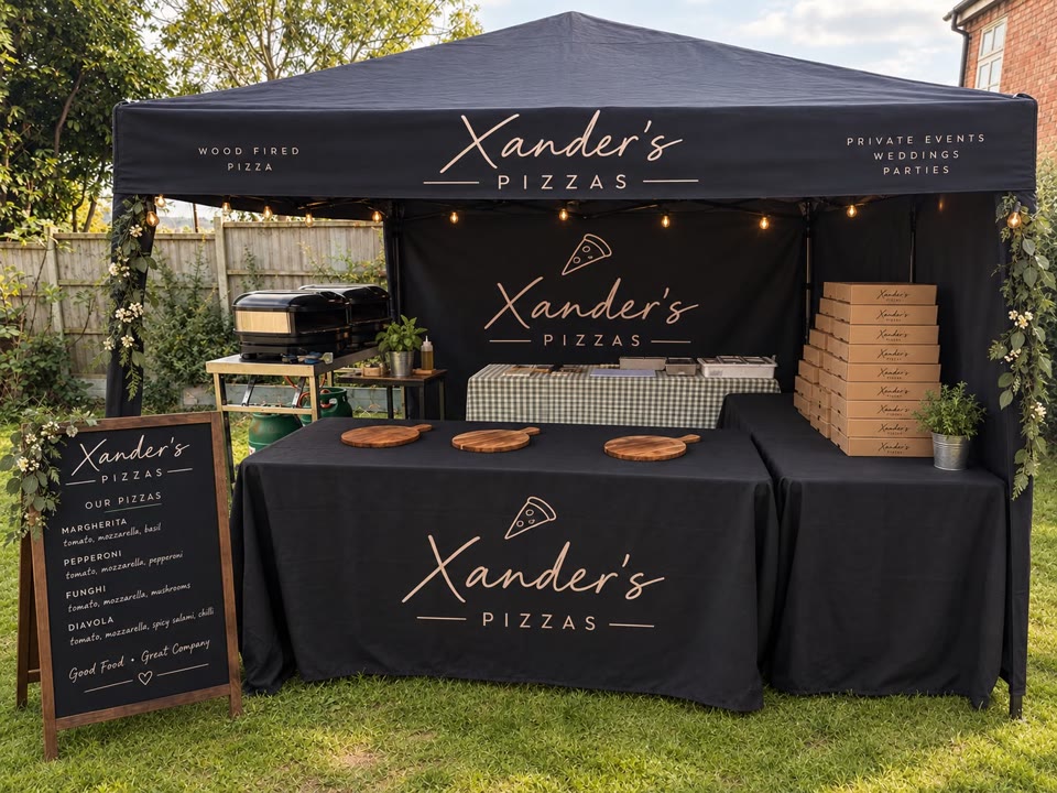 Xanders branded outdoor pizza catering setup